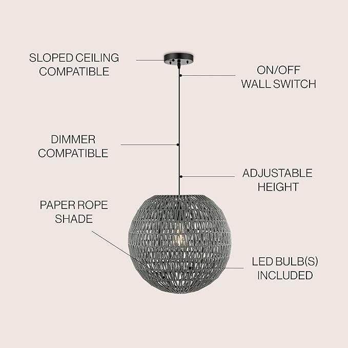 JONATHAN Y 16" Grey/Black Modern Bohemian Woven LED Pendant Light, Adjustable Hanging Ceiling Lamp for Kitchen Island Dining Room, Paper Wicker Shade, Bulb Included (JYL6503D)