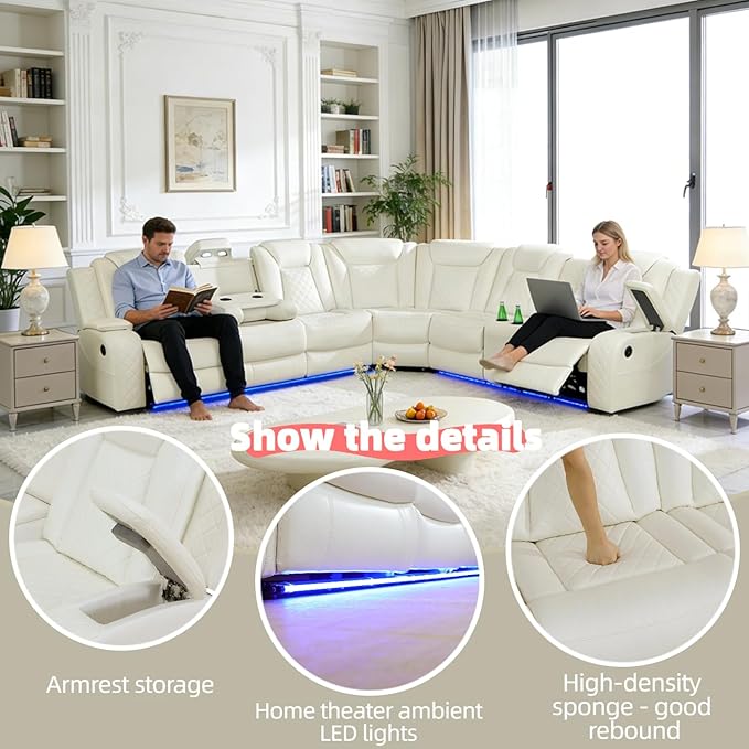 Power Reclining Sectional Sofa with LED, Leather Recliner Couch for Living Room/Home Theater, Sectional Reclining Couches with USB Port/Hide-Away Storage