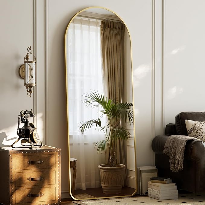 HARRITPURE Arched Full Length Mirror - 64"x21" Large Floor Standing Mirror, Aluminum Frame Full Body Mirrors with Stand for Bedroom/Living Room Wall Mounted, Gold
