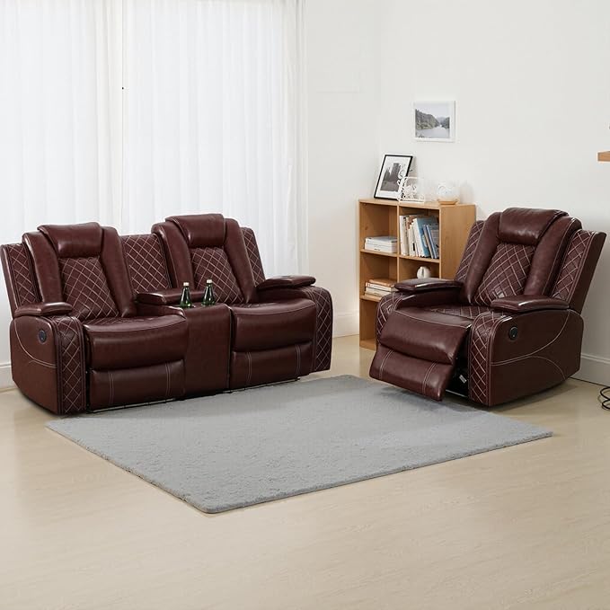 Breathing Leather Power Recliner Sofa Set, 2 Piece Leather Loveseat and Recliner Chair Set, Living Room Furniture Set with Storage Console/LED Lighting (Auburn, Loveseat+Chair)