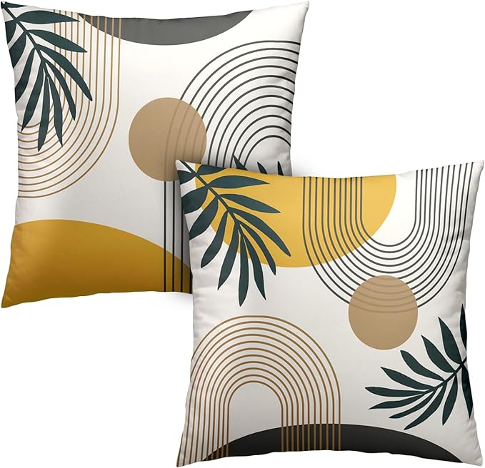 2 Pack Abstract Boho Pillow Covers 20x20 Mid Modern Decorative Pillow Cases Simple Circle Geometric Throw Pillow Covers Green Leaf Home Decor for Bed Couch Sofa