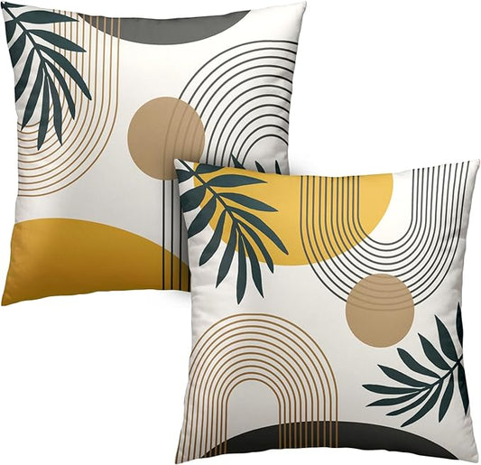 Abstract Boho Pillow Covers 18x18 Set of 2 Mid Century Modern Pillow Covers Minimalist Geometric Green Leaves Throw Pillow Covers Home Decor for Sofa Bed Couch