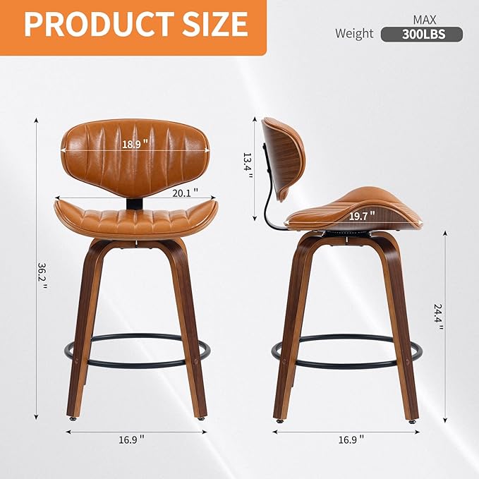 Swivel Bar Stools, 24 inch PU Leather Wooden Bentwood Barstools Counter Height Modern Breakfast Bar Chairs with Backrest and Footrest for Kitchen Island, Dining Room, Bar D035-Brown-1