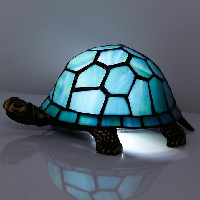 Tiffany Tortoise Lamp Small Stained Glass Turtle Desk Lamp 8X5X4 Inch Animal Antique Accent Table Light (Blue Green Turtle)