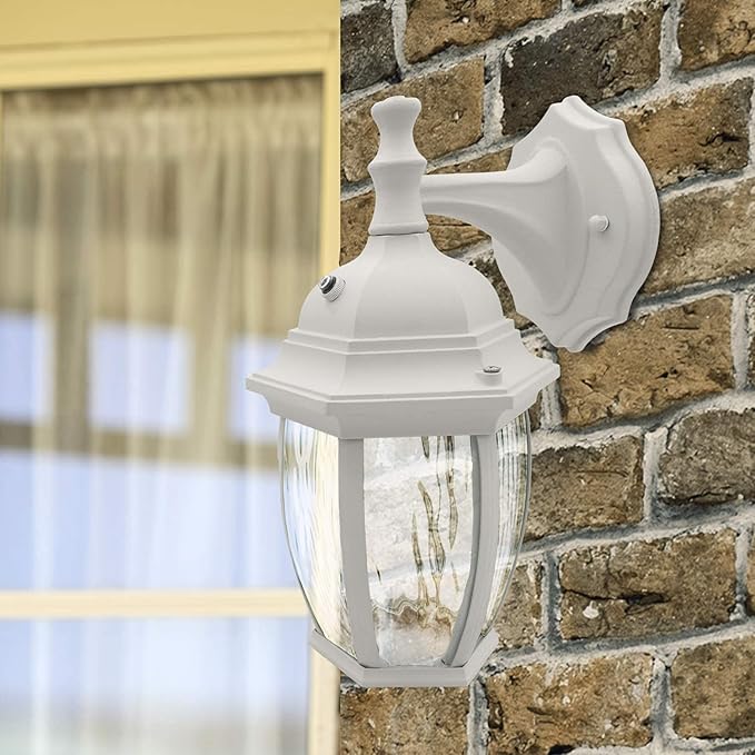 Maxxima LED Outdoor Wall Light - Features Clear Water Glass, 3000K Warm White, 580 Lumens, Dusk to Dawn Photocell Light Sensor, Patio or Porch Sconce Fixture, Ideal for Exterior Decor Lighting - White