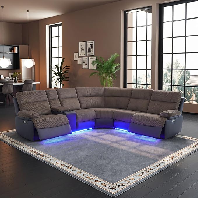 Power Corduroy Recliner Sectional Sofa with LED Light,L Shaped Reclining Couch with USB Charger/Cup Holder/Storage,Corduroy Sofa for Living Room Furniture Sets(Brown,Sectional)