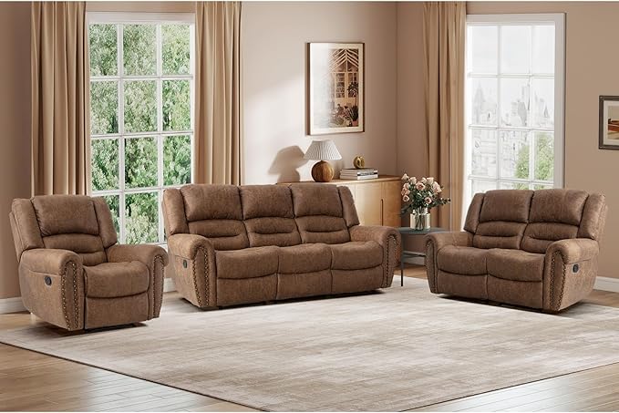 EBELLO Recliner Sofa Furniture Set for Living Room, Faux Leather Recliner Chair, Manual Loveseat, 3 Seat Recliniing Sofa Couch Set for Meeting Room, Brown