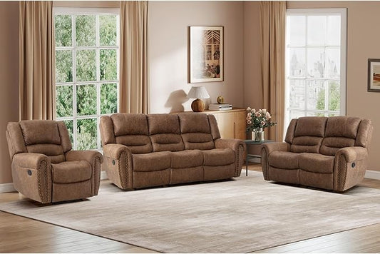 EBELLO Recliner Sofa Furniture Set for Living Room, Faux Leather Recliner Chair, Manual Loveseat, 3 Seat Recliniing Sofa Couch Set for Meeting Room, Brown