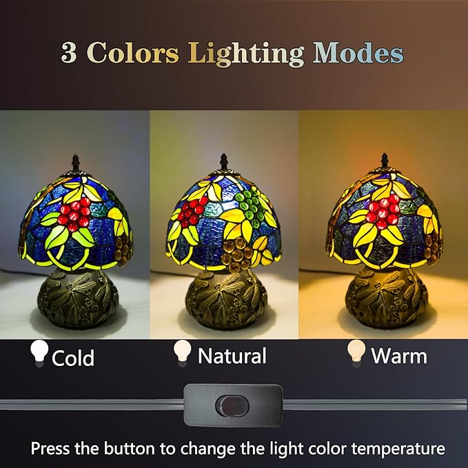 JHuiLap Small Tiffany Stained Glass Lamp, 3 Color Temperatures Bedside Lamp, 8 Inch Mushroom Desk Light for Bedroom Living Room Office Home Decor (Yellow Leaf Grapes)