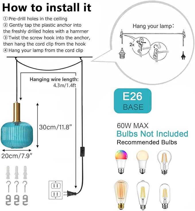 Plug in Pendant Light, Blue Ribbed Glass Hanging Lamp with Plug in Cord Adjustable, Coastal Plug in Hanging Light with On/Off Switch for Kitchen Dining Room Living Room Bedroom
