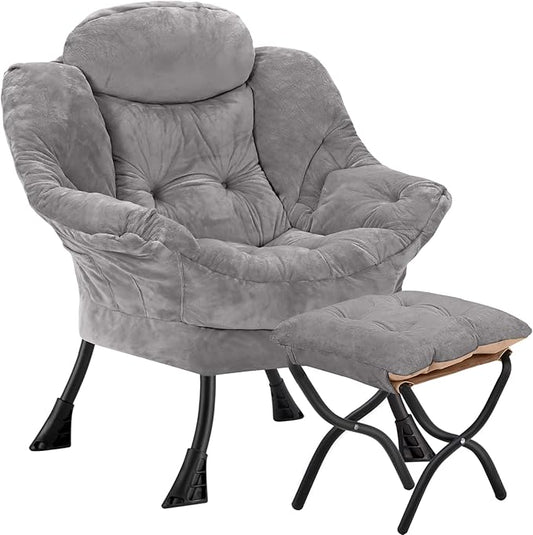 Lazy Chair with Folding Ottoman,Leisure Sofa Chair,Soft Fabric Armchair with Armrests and Side Pockets, Reading Chair with Footrest for Living Room, Bedroom, Office (Plush Light Grey)