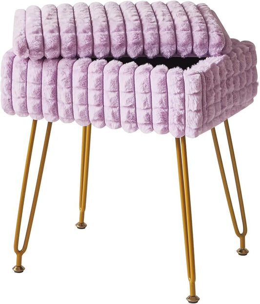 IBUYKE Rectangle Vanity Chair with Storage Space, Footrest Footstool Ottoman, Vanity Stool, Dressing Table Chair, with Anti-Slip Feet, for Makeup Room, Bedroom, Square Grid Pattern, Purple WBD004V