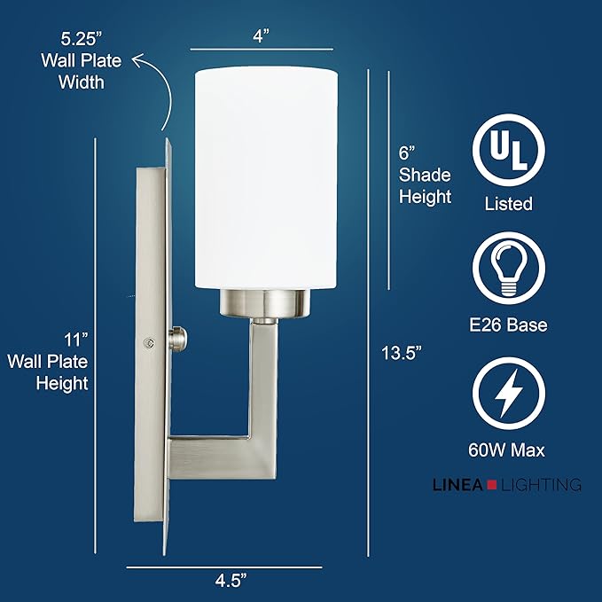 Linea di Liara Brio Brushed Nickel Sconce Frosted Glass Shade Modern Sconces Wall Lighting Fixture Bathroom Wall Sconce Vanity Wall Sconce and Hallway Wall Light Fixtures, UL Listed