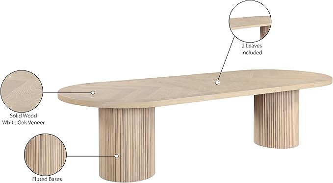 Meridian Furniture 725Oak-T Belinda Collection Mid-Century Modern Solid Wood White Oak Veneer Dining Table, Oval Design, Fluted Bases, 2 Leaves Included, 90"/106.5"/123" W x 47.5" D x 31" H, White