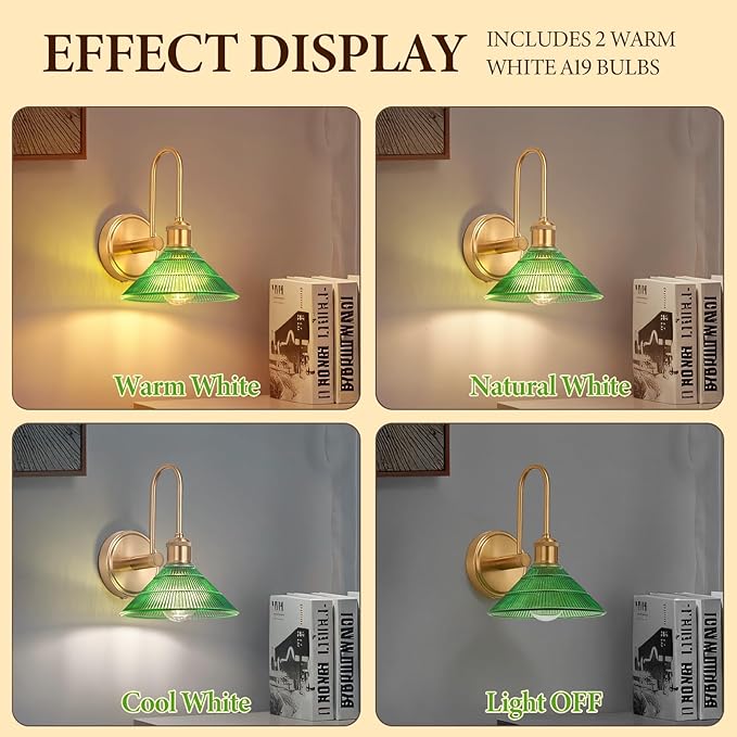 Wall Sconce Set of 2, Gold Vintage Light Fixtures with Round Green Glass Lampshade, Hardwired Sconces Wall Lighting for Bedroom, Bathroom, Living Room | Includes 2 LED Bulbs