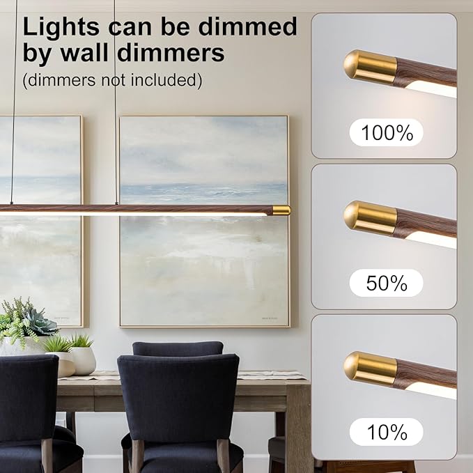 47.2" Wood Linear Pendant Light, Modern Dimmable LED Kitchen Island Lighting 3000K 20W Adjustable Hanging Chandelier for Dining Room Bar Office Walnut Color
