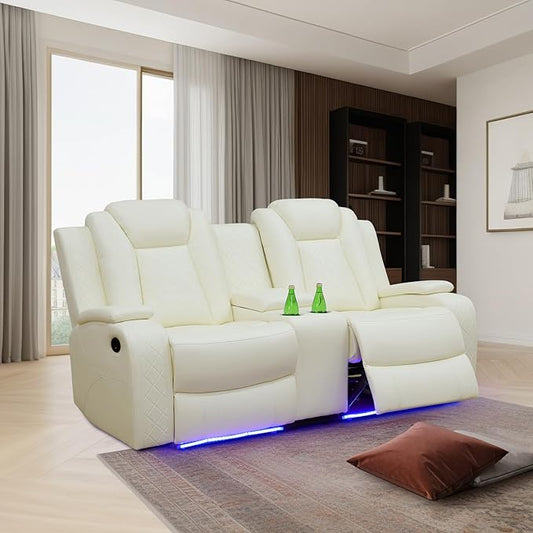 Power Leather Recliner Sofa with LED Light,74" Power Double Reclining Loveseat with Storage Console/Cup Holders/USB Port,2 Seater Leather Couch for Living Room Furniture(White,Loveseat)