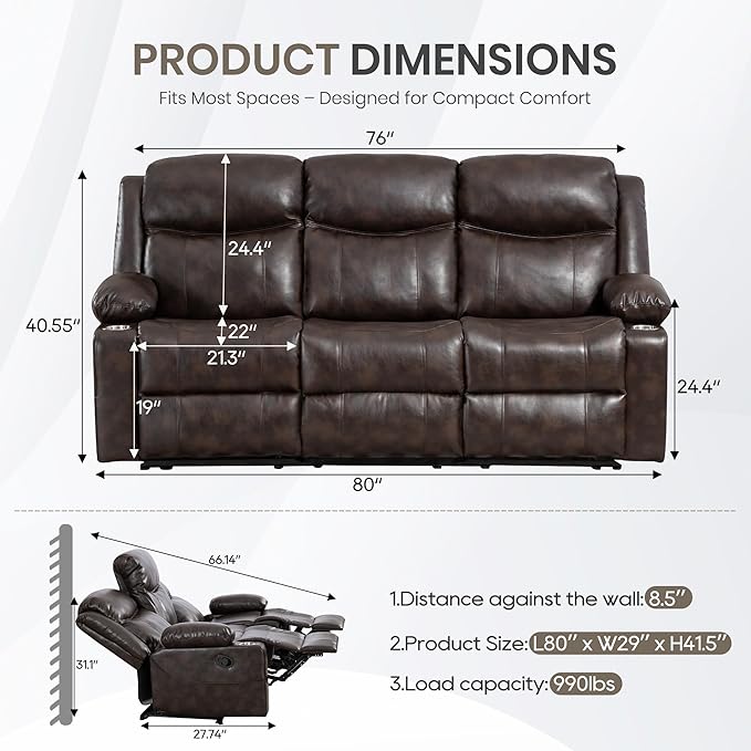 Manual Reclining 3-Seater Sofa with Heat & Massage, PU Leather Recliner Couch for Living Room, Faux Leather Upholstery, Deep Cushions & Sturdy Frame (Brown)