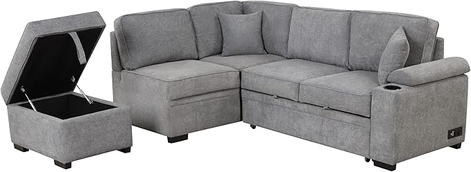 ERYE 84-Inch Left Facing Corner Sleeper Sectional Sofa with Pull Out Sleeper Couch Bed and Storage Ottoman,L-Shaped Corner Convertible Sofa Bed W/Cupholder & Padded Armrests | USB Charging Ports, 3-pin Plug Socket