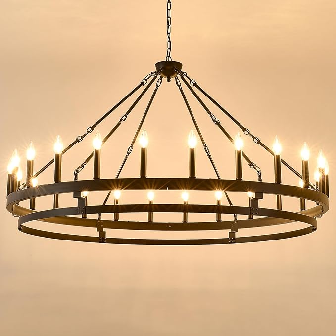 53 inch Large Black Wagon Wheel Chandelier,Farmhouse Industrial Country Style Round Pendant Light Fixture,Round Ceiling Light fixtures for Outdoor Porch high Ceilings Living Foyer Entryway
