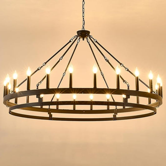 53 inch Large Black Wagon Wheel Chandelier,Farmhouse Industrial Country Style Round Pendant Light Fixture,Round Ceiling Light fixtures for Outdoor Porch high Ceilings Living Foyer Entryway