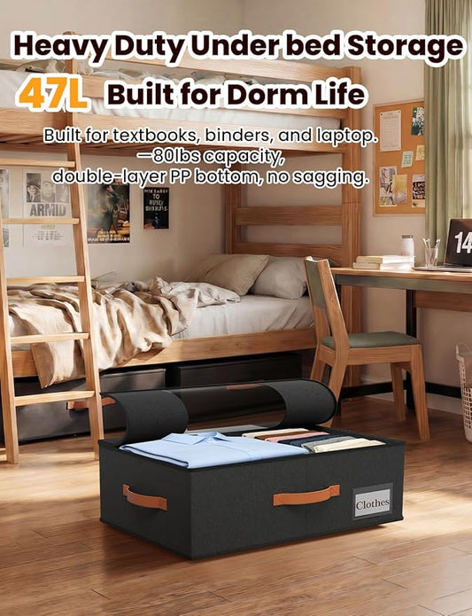 TOSKING 2-Pack Under Bed Storage Bins with Wheels and 4 Vacuum Seal Bags, Heavy Duty 80lbs Capacity, 7.9 Inch Clear Lid Organizer for Dorm Bedroom Clothes Shoes Toys, Quick Assembly Space Saver Black
