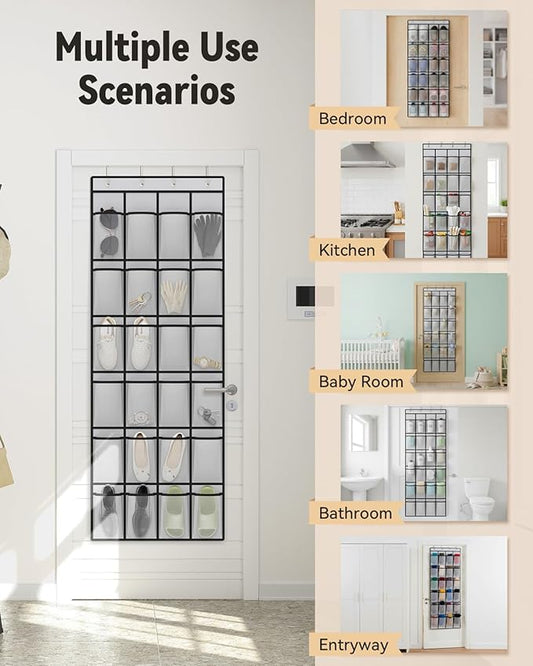 dodowin Over the Door Shoe Organizers, 2 Pack, Each with 24 Deep Mesh Pockets & 4 Metal Hooks, Over The Door Shoe Rack Space Saving Hanging Storage Holder for Closets, Shoes & Accessories, Gray