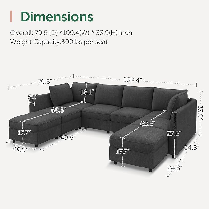 HONBAY Modular Sectional Sofa Couch with Storage, Modern U Shaped Sectional Sofa, Convertible Couches for Living Room - Snowflake Velvet Grey