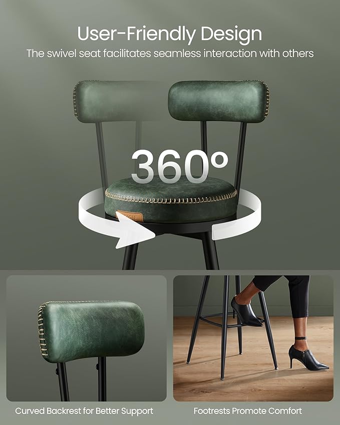 VASAGLE EKHO Collection - Bar Stools Set of 2, Swivel Bar Height Bar Stools with Back, Synthetic Leather with Stitching, Mid-Century Modern, 30-Inch Tall Barstools for Kitchen Home Bar, Forest Green