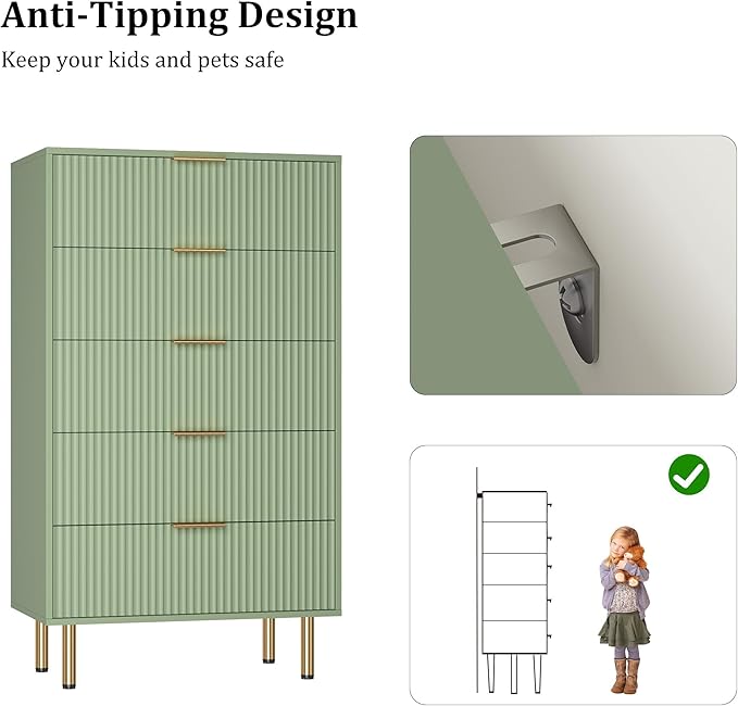 GAOMON 5 Drawer Dresser,Fluted Dresser for Bedroom,47.9" Tall Dressers Chest of Drawers,Wood Tall Dressers with Metal Handle for Closet, Living Room, Entryway
