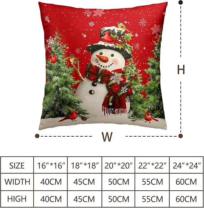 Winter Red Snowman Throw Pillow Covers 20x20 Inch Christmas Snowflake Bird Pine Tree Pillows Cases Xmas Rustic Farmhouse Pillowcase Holiday Cushion Cases for Living Room Couch Sofa, 2 Pack