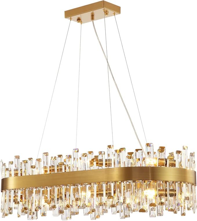 CROSSIO Modern Crystal Chandelier, 16-Light Rectangular Gold Crystal Chandelier for Dining Room, Luxury Oval 2-Tiers K9 Crystal Flush Mount Pendant Ceiling Light for Living Room Kitchen Island L35.4''