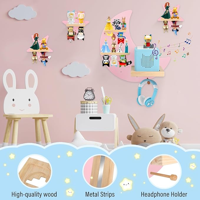 Moon + Stars for Toniebox 1/2 Tonies Figures Organizer Storage Shelf Wall Mounted, Magnetic Floating Shelves for Toniebox Player, Characters, Earphones, Display Collection 20~30 Characters (Pink)