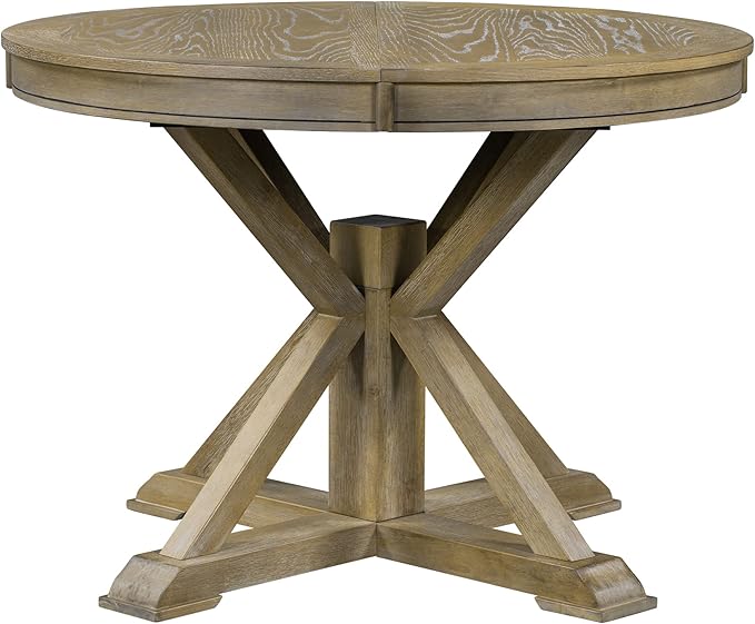 ERYE Retro Style Round Dining Table Functional Wooden Extendable Oval Dining Table with 12" Leaf and Natural Wood Grain Variation Tabletop