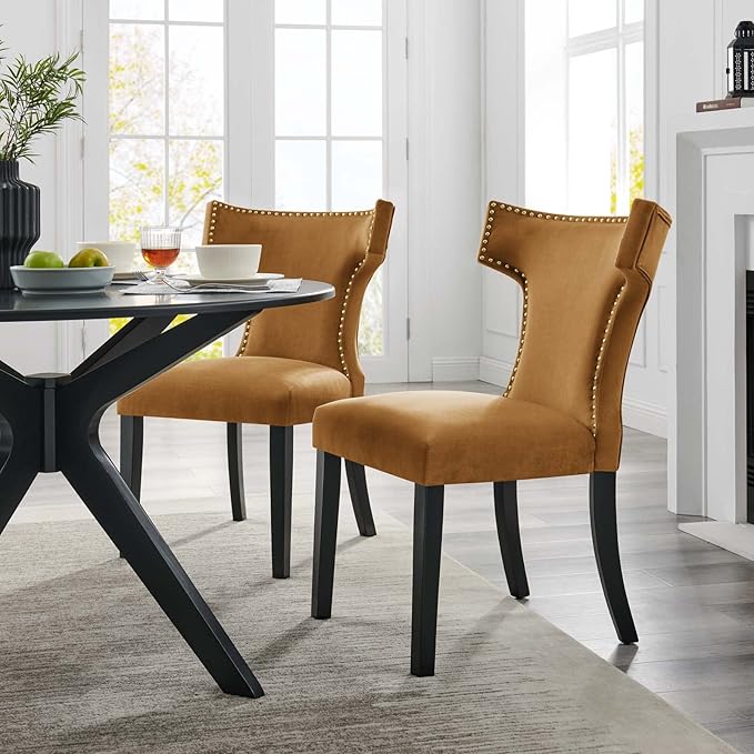 Modway EEI-5008-COG Curve Performance Velvet Dining Chairs - Set of 2, Cognac