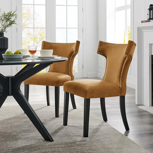 Modway EEI-5008-COG Curve Performance Velvet Dining Chairs - Set of 2, Cognac