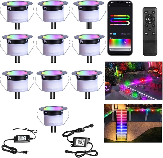 Recessed Smart Deck Lights Kit, 10 Pack Ø 1.77" RGBW+IC Multicolor Dynamic Low Voltage Landscape Lights IP67 Waterproof Outdoor for Garden Yard Path Ground Stairs, Work with Alexa/Google Assistant
