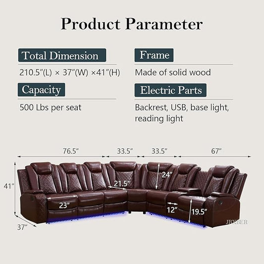 Power Recliner Sectional Sofa Set, Brown Leather Sectional Couch for Living Room, L Shape Reclining Sofa with Cup Holder, Hidden Storage, Coffee Table for House(6 Seat)