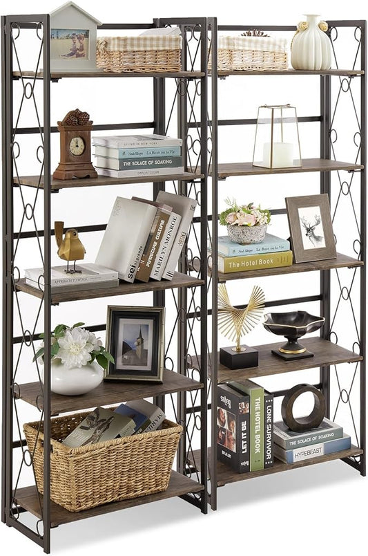 VECELO Folding Bookshelf, 5 Shelf Folding Bookcase No Assembly, Industrial Metal Freestanding Shelves Rack Organizer for Living Room, Office, Bedroom, Kitchen