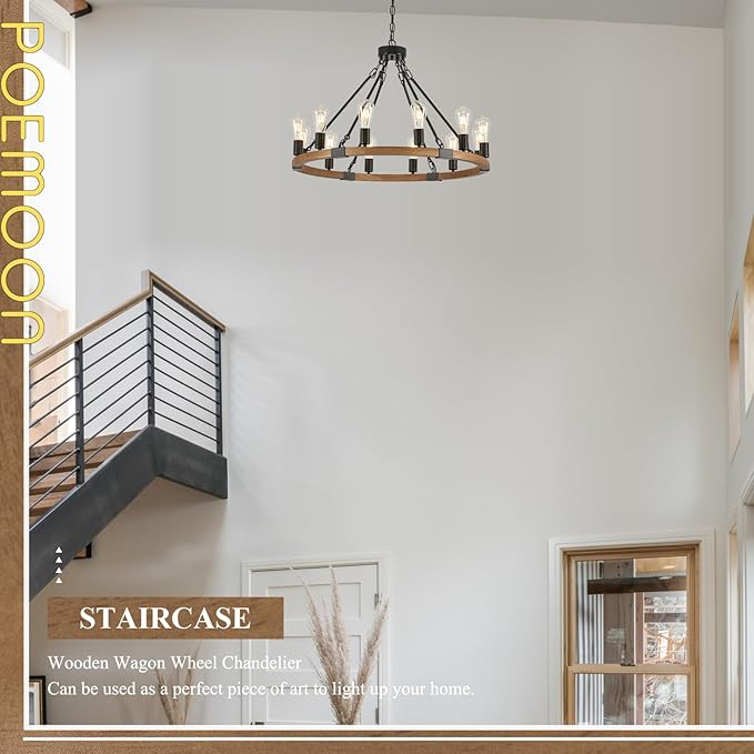 12 Lights Wooden Wagon Wheel Chandeliers Farmhouse 31.5'' Oak Wood Round Chandelier Black Metal Rustic Pendant Light Fixture for Living Dining Room Entryway Foyer Kitchen