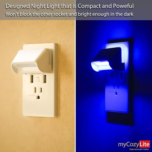 Dimmable Blue Night Lights, Dual Light, Adjustable LED Night Light Plug in, Dusk to Dawn Sensor, Auto ON OFF, Wall Night Light with Switch for Bedroom, Bathroom, Kitchen, Hallway, Stairway, 2 Pack