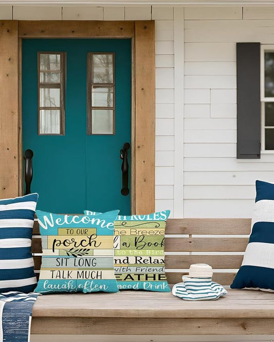 Jartinle Lake House Outdoor Pillow Covers 18x18 Inch Waterproof Turquoise Woodgrain Stripe Welcome to Porch Decorative Cushion Covers for Patio Furniture, Set of 2