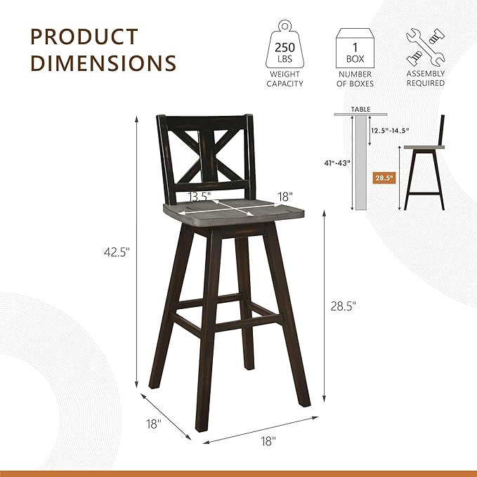 Lexicon Bar Height Bar Stools Set of 2-Solid Wood Frame 360° Swivel Wooden Stools, Foot Rest, X Back, Wide Seat, Distressed Farmhouse Easy to Clean Finish, 28.5" SH, Antique Black/Grey