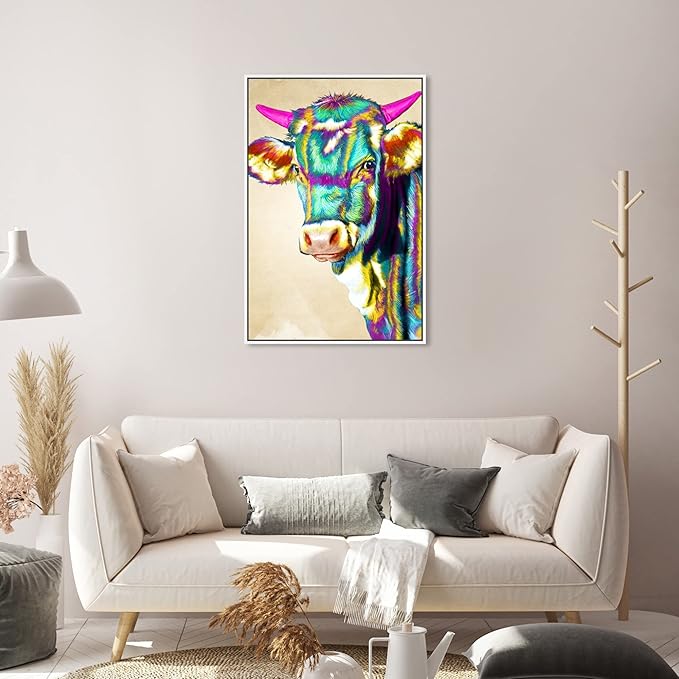 Country Farmhouse Canvas Print Painting Animal Wall Art 'Fun Colorful Glam Farm Cow' White Framed Canvas Rustic Home Décor 20x30 in Green, Pink by Oliver Gal