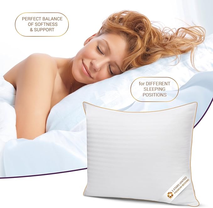 5 STARS UNITED Standard Size Pillows - Set of 2, 20x26, Super Soft Fiber Fill - Striped Satin Cotton Covers