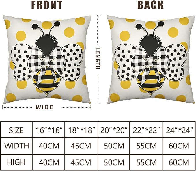 Summer Bumblebee Throw Pillow Covers 18x18 Set of 2 Polka Dot Bee Decorative Pillow Cases Yellow Honeybee Outdoor Farmhouse Cushion Cover for Home Couch Sofa Decor
