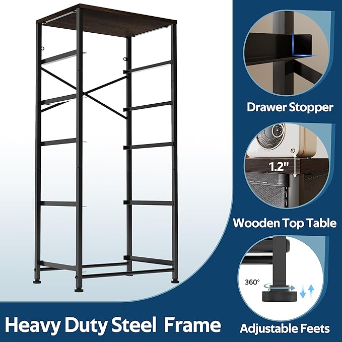 Whitmor Dresser for Bedroom, 5 Drawer Fabric Dresser, Chest of Drawers with Removable Fabric Drawer,37" Tall Wood Storage Organizer with Sturdy Steel Frame, 16.7" Lx 11.7" W x 37.2" H, Gray