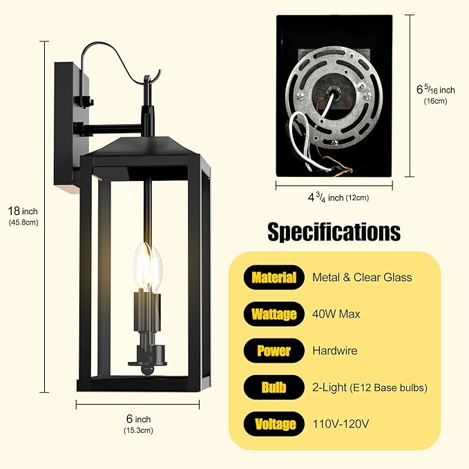 18'' Large Dusk to Dawn Outdoor Lighting, Exterior Sensor Outdoor Wall Lights, Industrial Front Porch Light with Clear Glass, Waterproof Matte Black Anti-Rust Outdoor Lights for House Garage