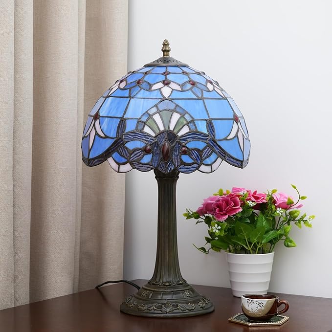 Tiffany Lamp Stained Glass lamp 12 inches Bedside Table Lamps for Living Room Bedroom Dorm Kitchen Home Decor Festival Birthday Gift,Blue Baroque