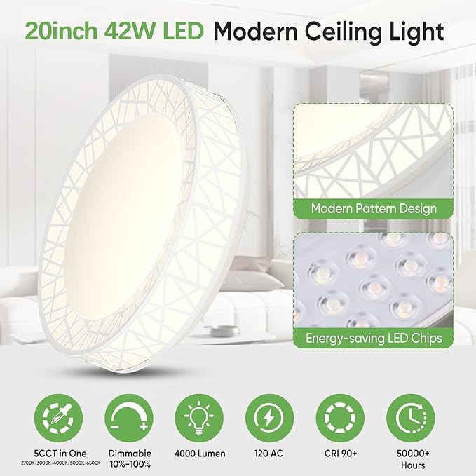 20 Inch Flush Mount Ceiling Light, Modern White LED Ceiling Light Fixture, 42W 4000LM 2700-6500K Adjustable, Dimmable Ceiling Lights for Bedroom, Kitchen, Hallway, Bathroom, ETL Listed